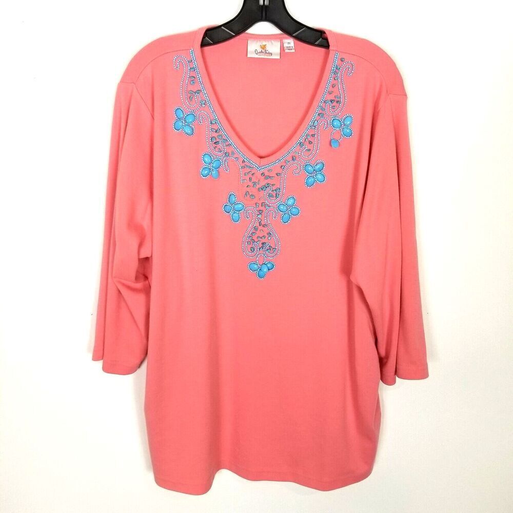Quacker Factory Women Embroidered Beaded Summertime Cutout Knit Top Sz 2X Coral